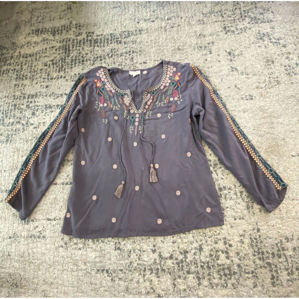Solitaire Women M Gray Embroidered Boho Peasant Blouse Tassel Tie Long Sleeve To